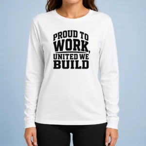 Nice American Labor Proud Typography Silhouette Long Sleeve Shirt in navy blue, featuring bold typography and silhouette design