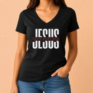Awesome Jesus Above Every Name Inspirational Faith Lovers V Neck Shirt in dark gray with white text and cross graphic