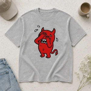 Awesome Happy Devil Cartoon Facepalm Panicking Sweating Washed T-Shirt