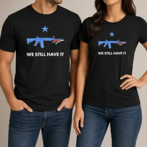 Premium Good We Still Have It Rifle And Swiss Army Knife One Blue Star t shirt in blue with patriotic graphic design