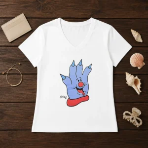 Premium Sting Blue Cartoon Hand Character Mascot V Neck Shirt showing vibrant design on soft fabric