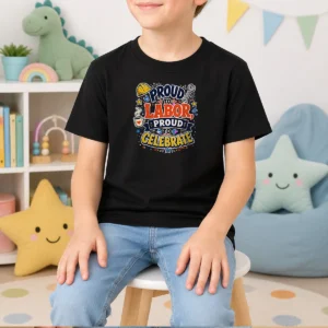 Pretty Labour Day Celebration Proud To Labor Doodle Typograph Kids T Shirt in white, featuring playful typography and doodle design for kids