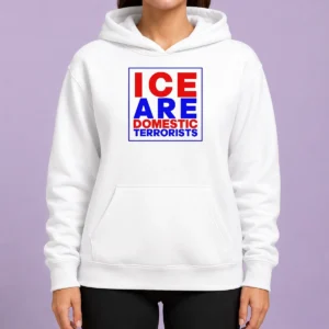 Pretty ICE Are Domestic Terrorists Hoodie in black with front graphic print and drawstring hood