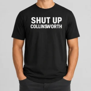 Nice Shut Up Collinsworth NFL Football Broadcaster t shirt in black, featuring bold white text graphic
