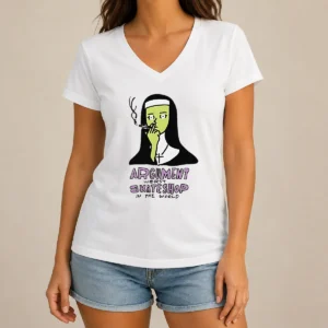Funny Hot Smoking Nun Argument Worst Skateshop In The World V-Neck Shirt