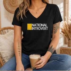 Pretty National Introvert Parody Logo Social Anxiety V Neck Shirt in dark color, featuring a unique introvert-themed graphic design
