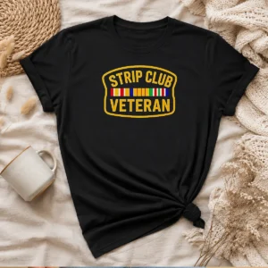 Premium Hot Strip Club Veteran Logo t shirt in black, featuring a bold veteran emblem on the front
