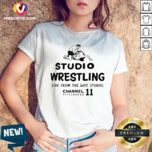 Pretty Studio Wrestling Live From The WIIC Studios Channel 11 Pittsburgh V Neck Shirt v neck optimized, black short sleeve women's V neck tee