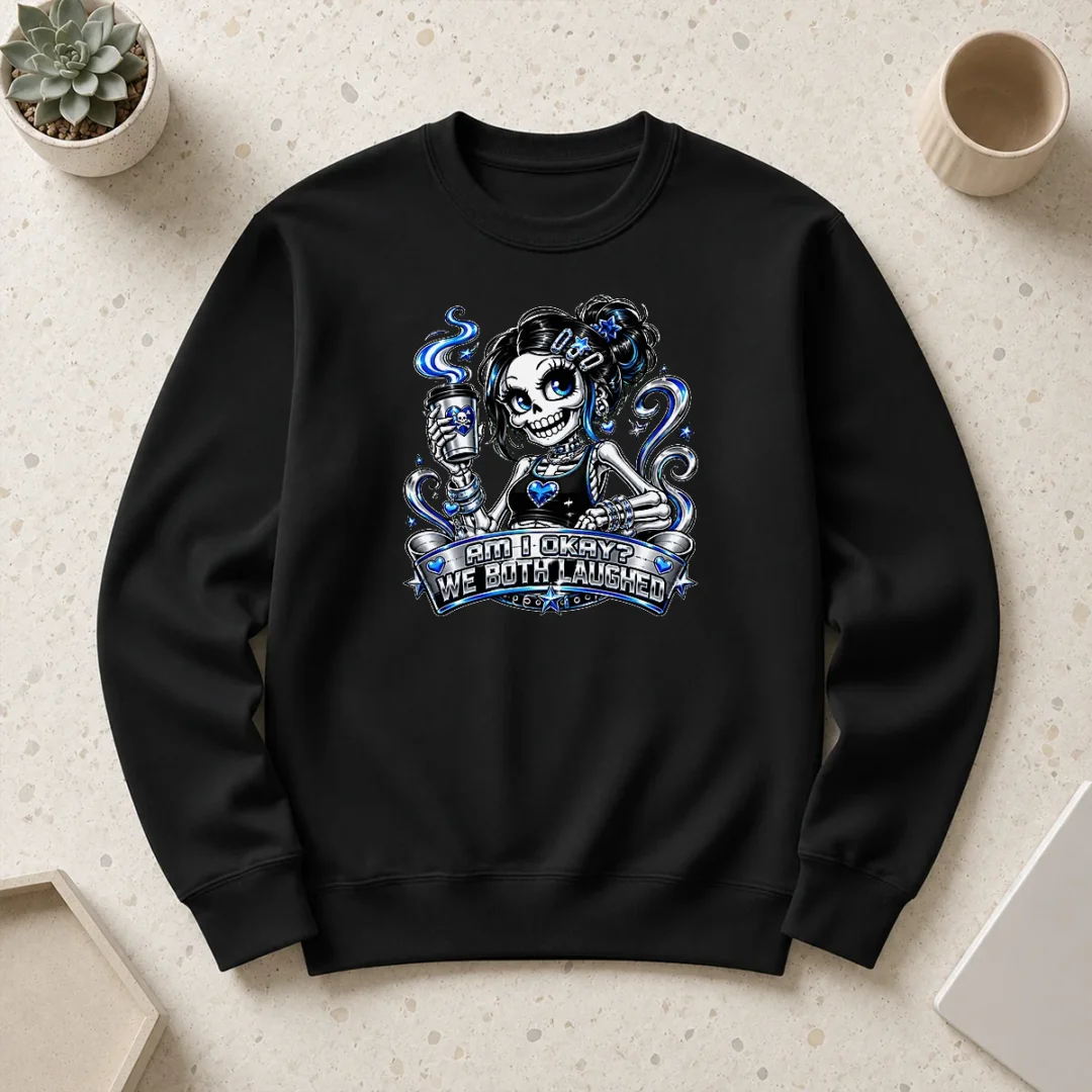 happy-awesome-skeleton-girl-coffee-quote-y2k-sweater Happy Awesome Skeleton Girl Coffee Quote Y2K Sweater in soft fabric with ribbed cuffs and neckline