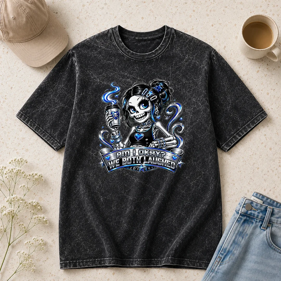 happy-awesome-skeleton-girl-coffee-quote-y2k-washed-t-shirt Happy Awesome Skeleton Girl Coffee Quote Y2K Washed T Shirt featuring vintage washed fabric and bold graphic print