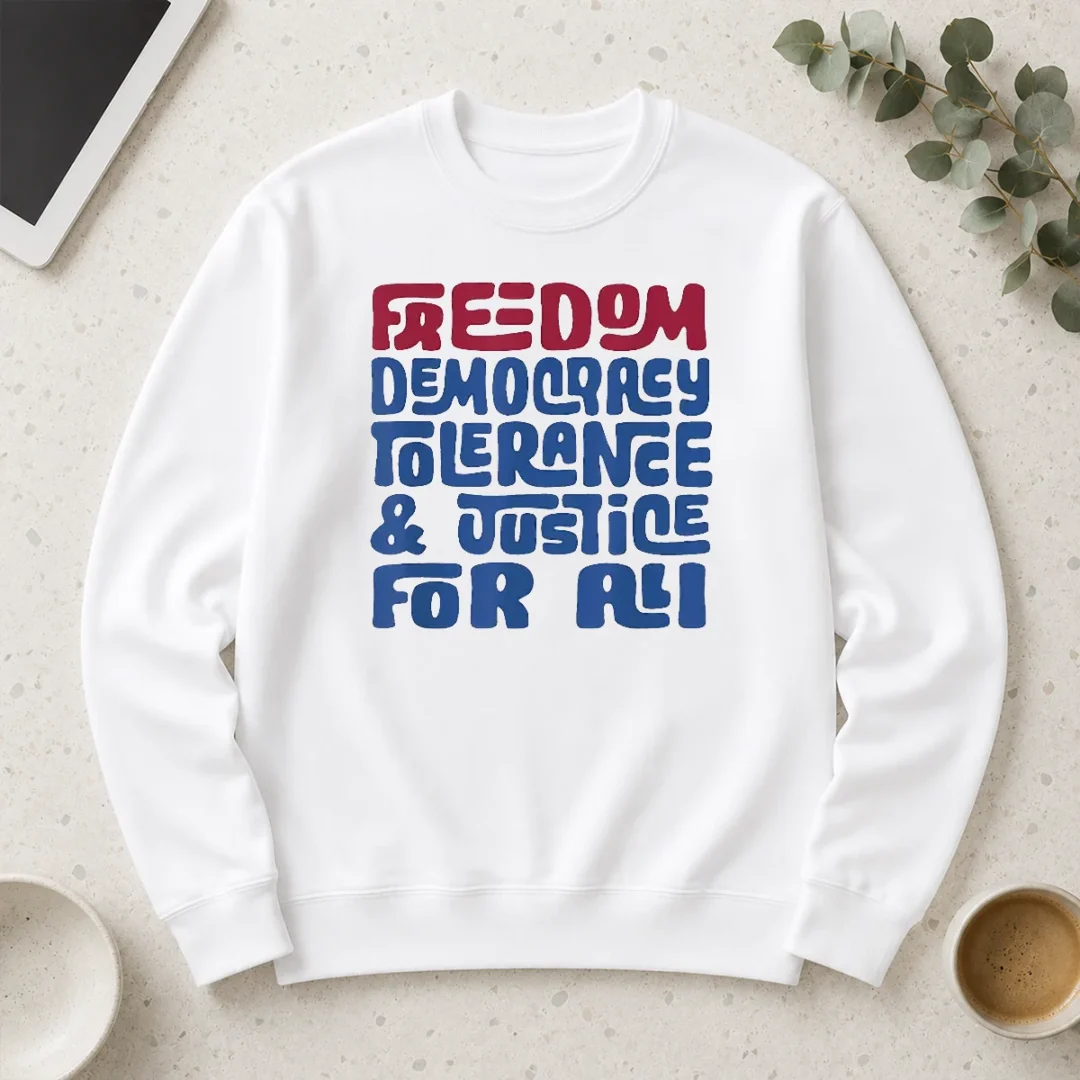 happy-freedom-democracy-tolerance-justice-for-all-long-sleeve-shirt Happy Freedom Democracy Tolerance Justice For All long sleeve shirt in white, front view with bold text design