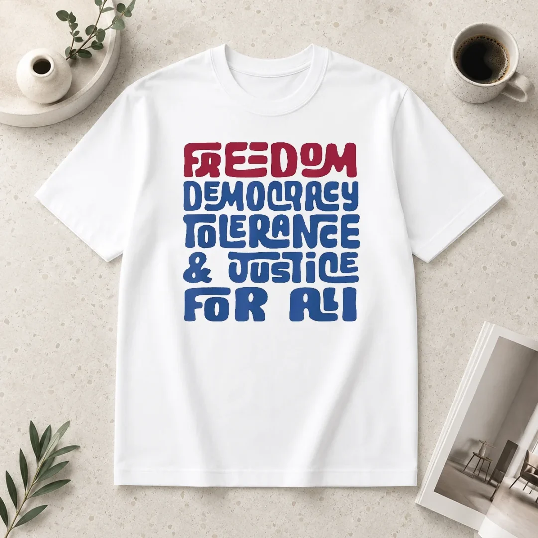 happy-freedom-democracy-tolerance-justice-for-all-t-shirt-1 Happy Freedom Democracy Tolerance Justice For All t shirt featuring bold text on a comfortable crew neck cotton fabric