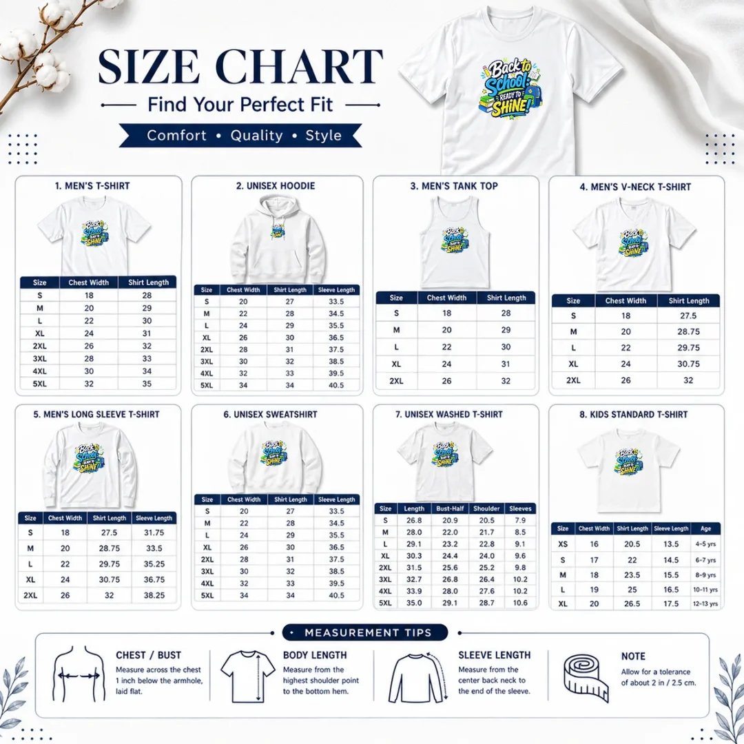 happy-good-back-to-school-ready-to-shine-typography-size-chart Size chart for Happy Good Back To School Ready To Shine Typography with measurements in inches and cm