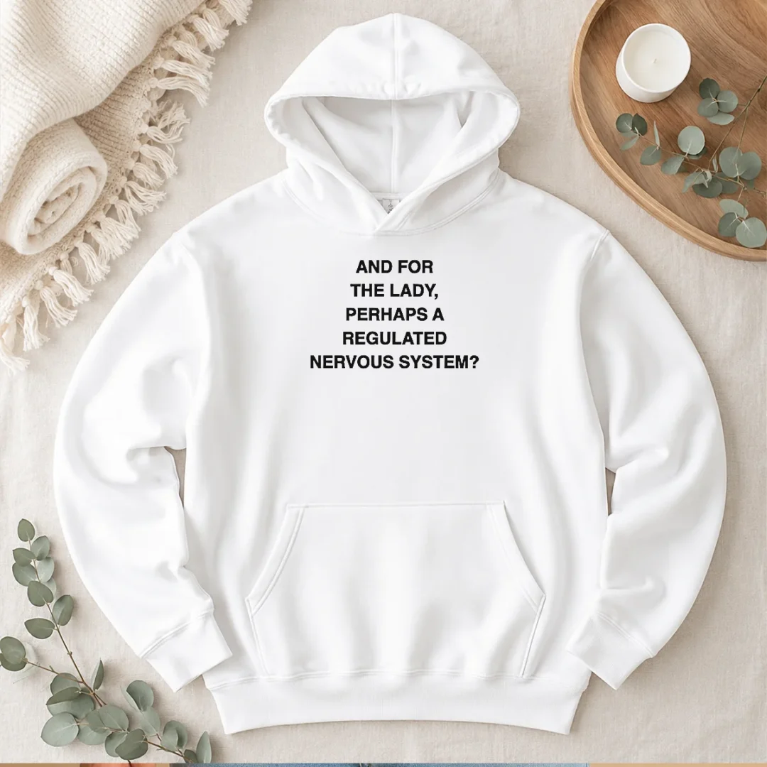 happy-hot-and-for-the-lady-perhaps-a-regulated-nervous-system-text-hoodie Happy Hot And For The Lady Perhaps A Regulated Nervous System Text Hoodie in charcoal gray, front view with kangaroo pocket and drawstring hood