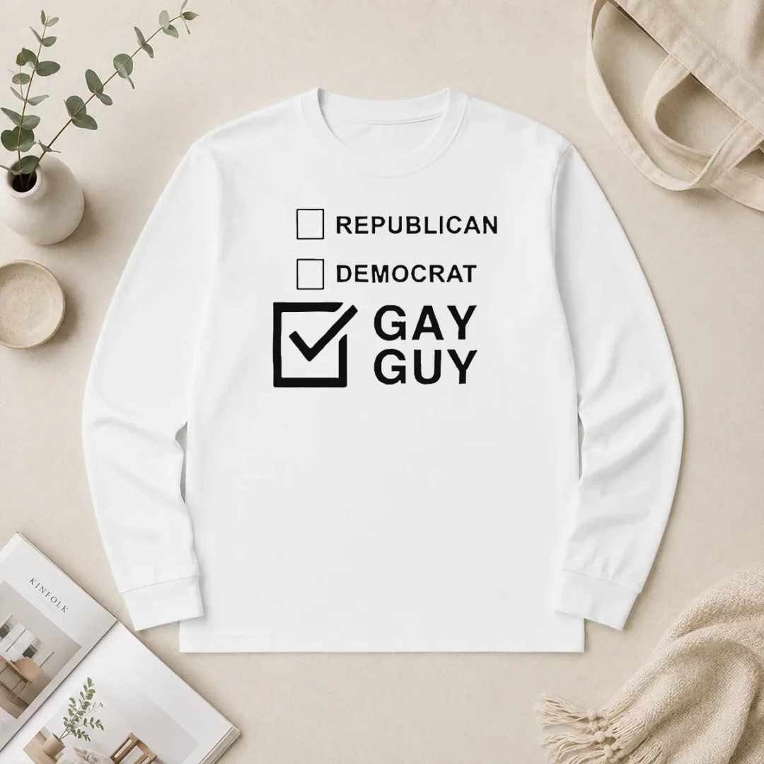 Happy Nice Gay Guy Republican Democrat Ballot Election Checkbox Humor Long Sleeve Shirt Happy Nice Gay Guy Republican Democrat Ballot Election Checkbox Humor long sleeve shirt in heather gray with colorful ballot checkboxes design