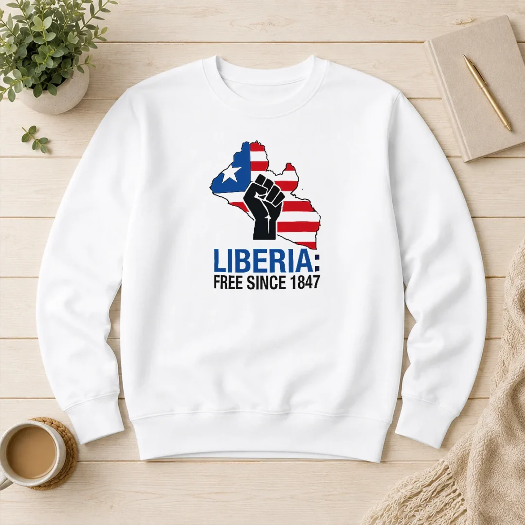 happy-nice-liberia-free-since-1847-sweater Happy Nice Liberia Free Since 1847 Sweater in cozy knit fabric with bold white text on black background