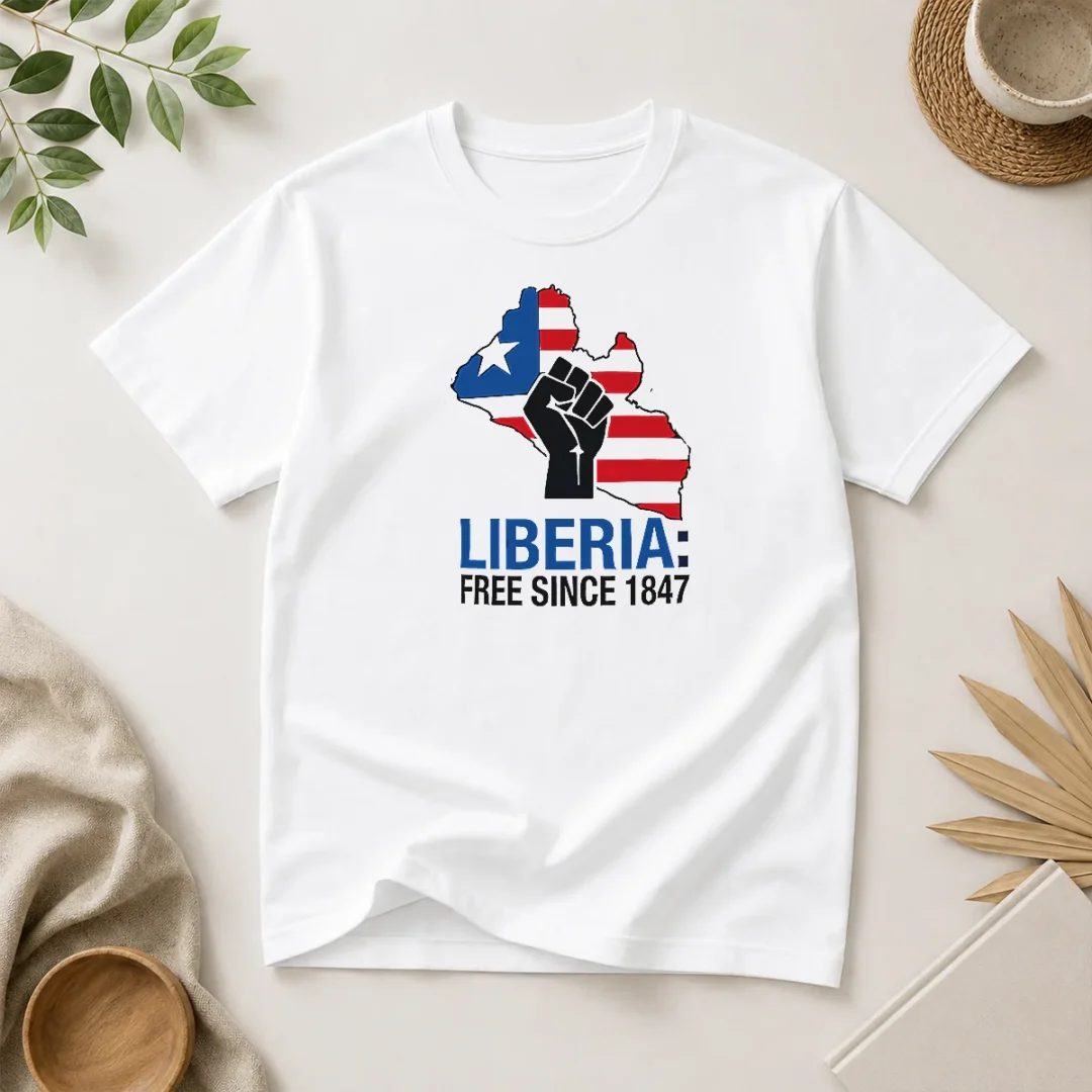 happy-nice-liberia-free-since-1847-t-shirt Happy Nice Liberia Free Since 1847 t shirt showing front print on a classic crew neck cotton tee