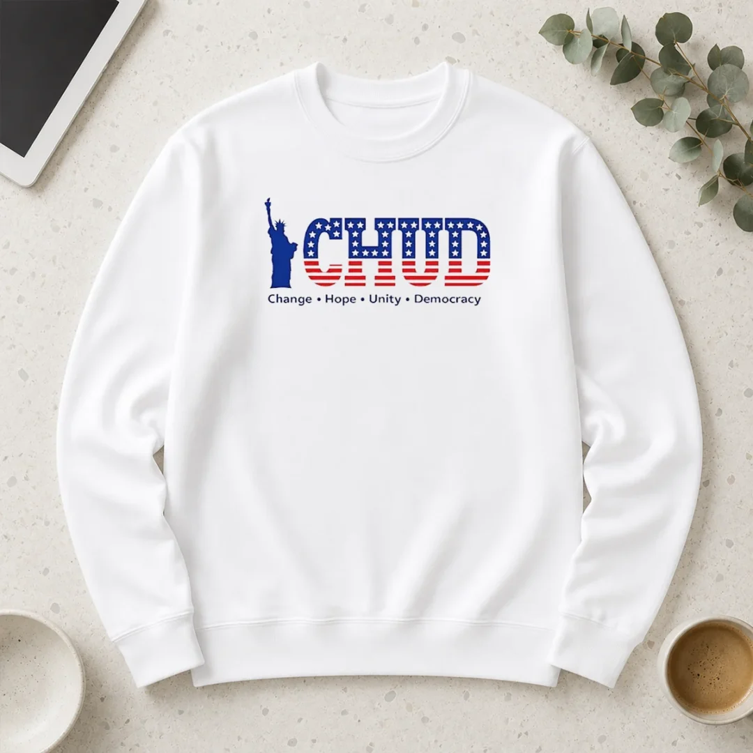 happy-nice-statue-of-liberty-chud-change-hope-unity-democracy-american-patriot-long-sleeve-shirt Happy Nice Statue Of Liberty CHUD Change Hope Unity Democracy American Patriot Long Sleeve Shirt in navy blue with bold graphic print