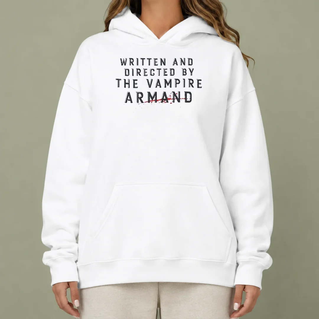 happy-nice-written-and-directed-by-the-vampire-armand-hoodie Happy Nice Written And Directed By The Vampire Armand Hoodie in black, featuring front graphic print and adjustable drawstring hood