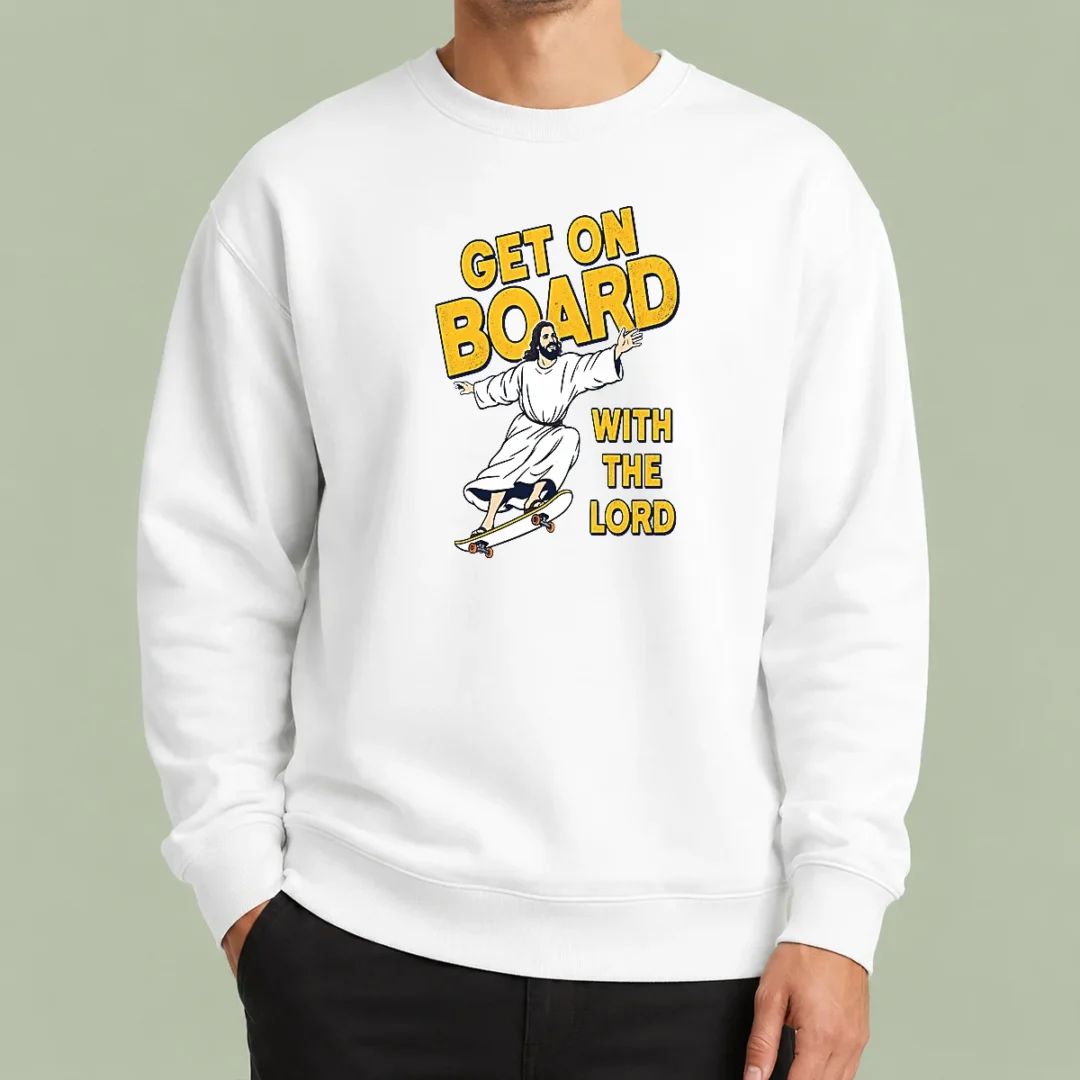 happy-perfect-get-on-board-with-the-lord-skateboarding-sweater Happy Perfect Get On Board With The Lord Skateboarding Sweater in cozy knit fabric with vibrant graphic print