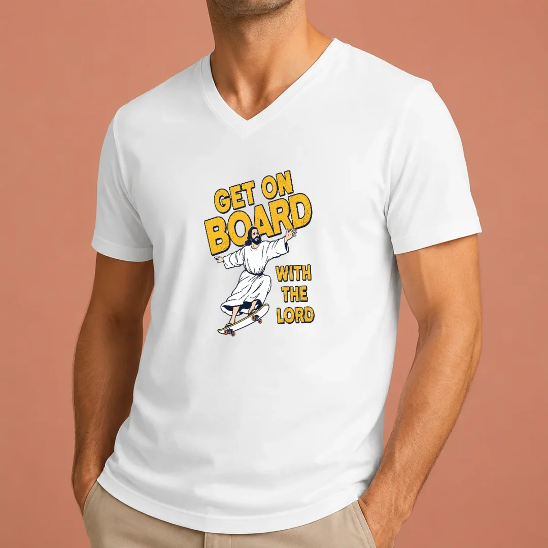 happy-perfect-get-on-board-with-the-lord-skateboarding-v-neck-shirt Happy Perfect Get On Board With The Lord Skateboarding V Neck Shirt in black with graphic print