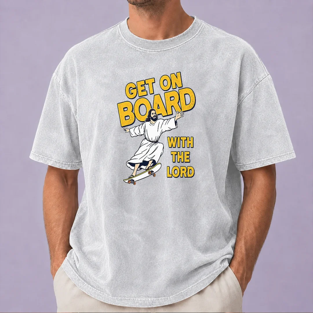 happy-perfect-get-on-board-with-the-lord-skateboarding-washed-t-shirt Happy Perfect Get On Board With The Lord Skateboarding printed on a soft washed t shirt in light gray