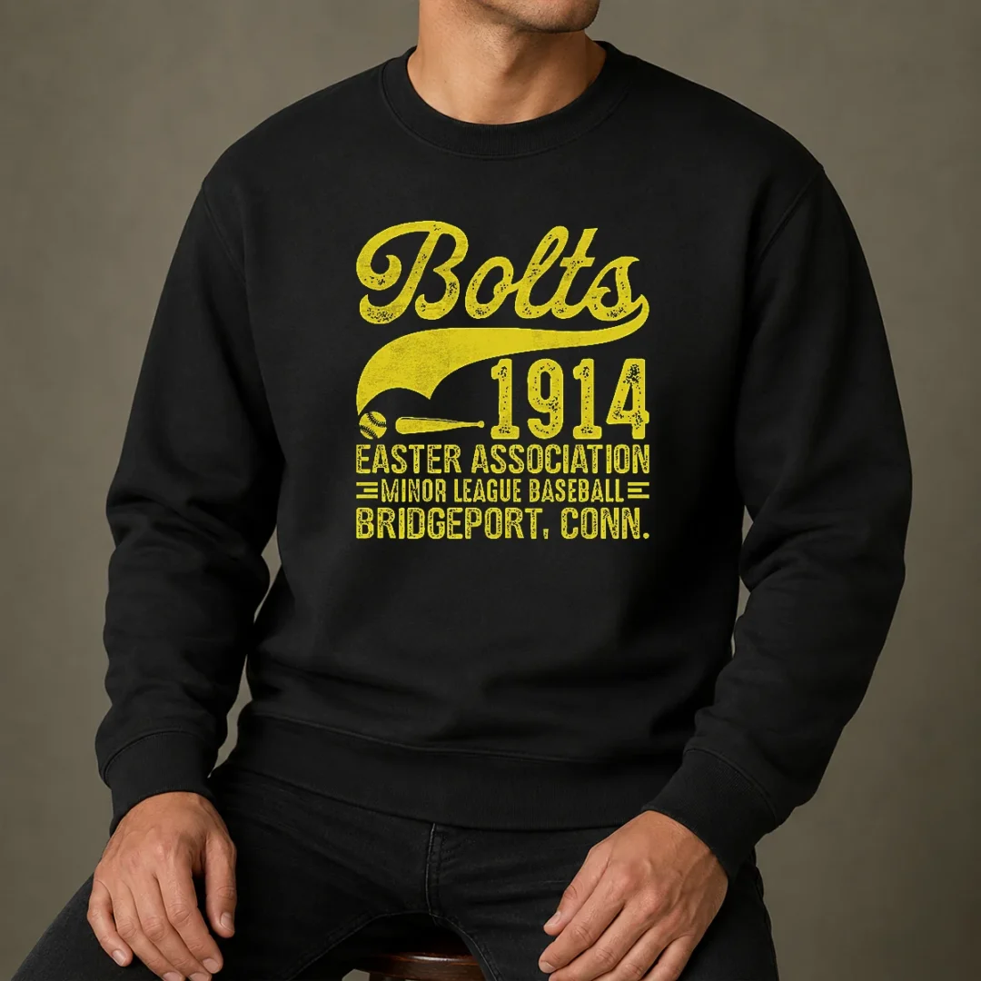 happy-pretty-bridgeport-bolts-connecticut-vintage-baseball-team-sweater Happy Pretty Bridgeport Bolts Connecticut Vintage Baseball Team Sweater featuring classic baseball team logo on cozy crewneck fabric