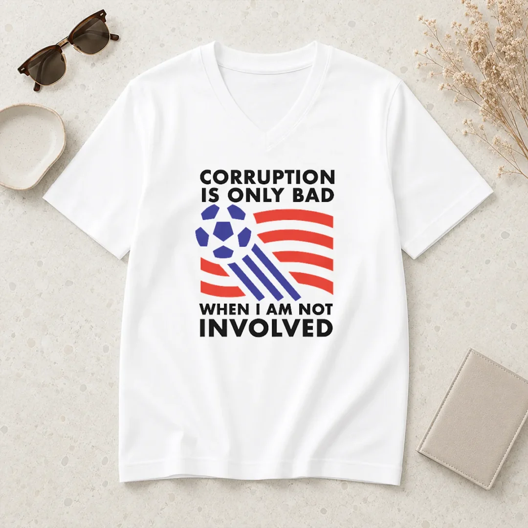 happy-pretty-corruption-is-only-bad-when-i-am-not-involved-v-neck Happy Pretty Corruption Is Only Bad When I Am Not Involved V Neck shirt in white with bold graphic text on front