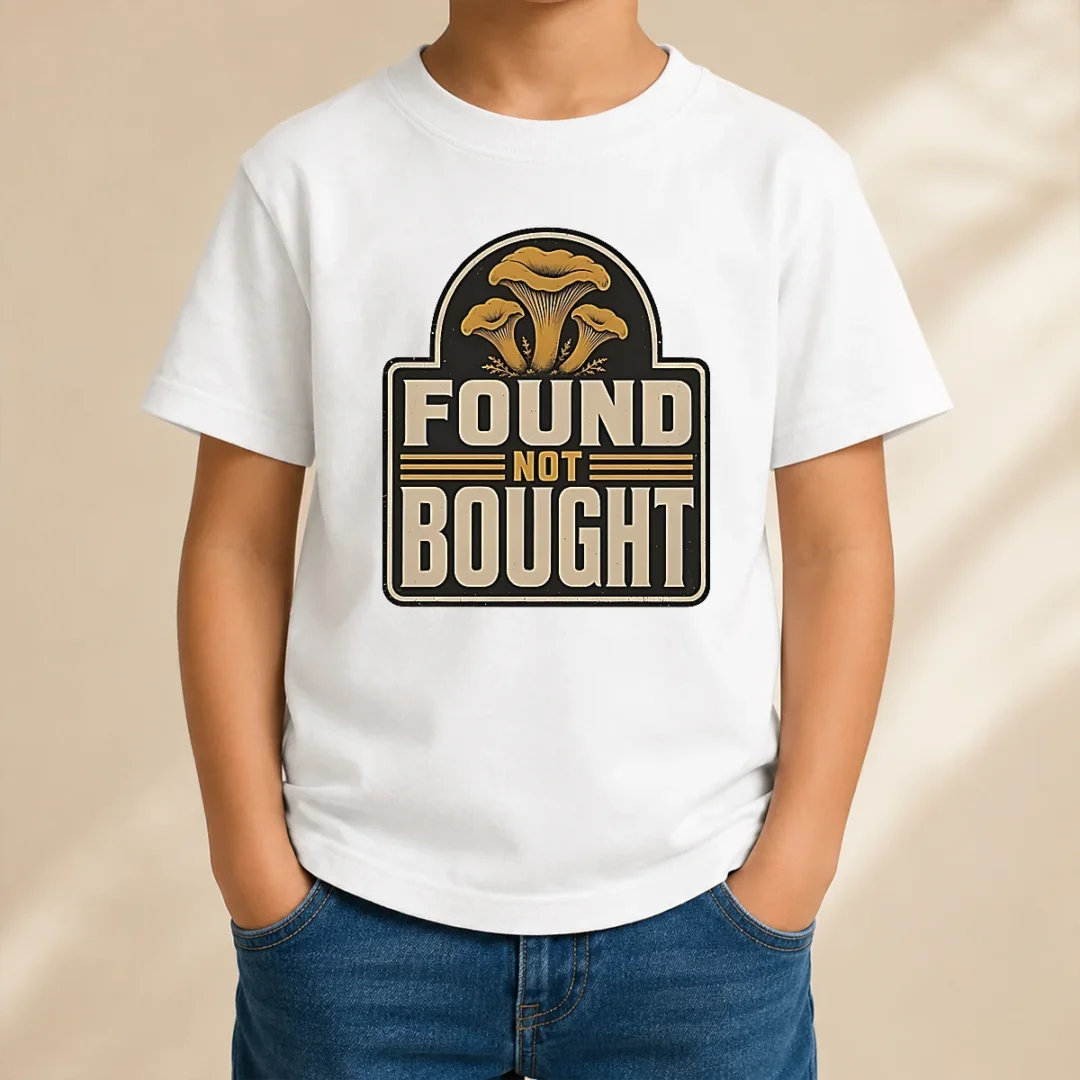 happy-pretty-found-not-bought-chanterelle-mushroom-badge-kids-t-shirt Happy Pretty Found Not Bought Chanterelle Mushroom Badge Kids T-Shirt