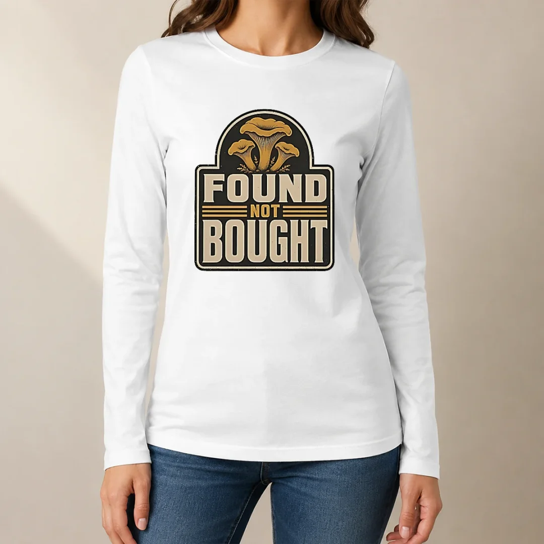 happy-pretty-found-not-bought-chanterelle-mushroom-badge-long-sleeve-shirt Happy Pretty Found Not Bought Chanterelle Mushroom Badge Long Sleeve Shirt