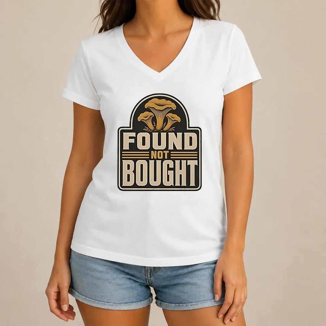 happy-pretty-found-not-bought-chanterelle-mushroom-badge-v-neck-shirt Happy Pretty Found Not Bought Chanterelle Mushroom Badge V-Neck Shirt