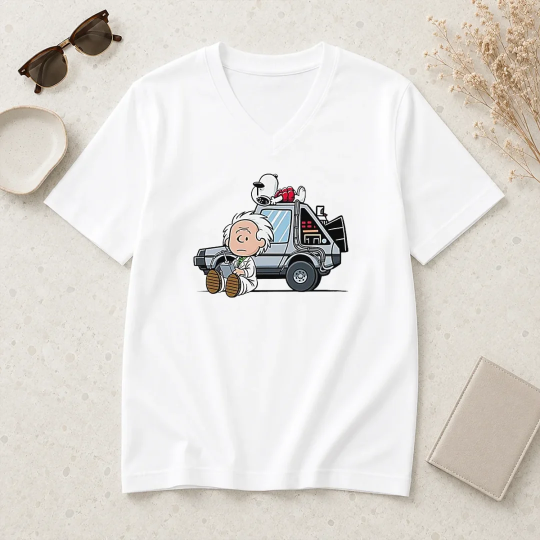 happy-top-doc-brown-snoopy-back-to-the-future-mashup-delorean-time-machine-cartoon-v-neck-shirt-2 Happy Top Doc Brown Snoopy Back To The Future Mashup Delorean Time Machine Cartoon V Neck Shirt with short sleeves and soft fabric