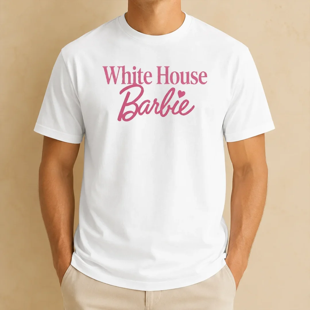 happy-white-house-barbie-t-shirt-1 Happy White House Barbie t shirt in white cotton with colorful graphic print front view