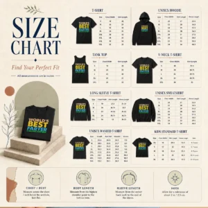Size chart for Top World'S Best Farter Funny Humor Dad Fathers Day with measurements in inches and cm