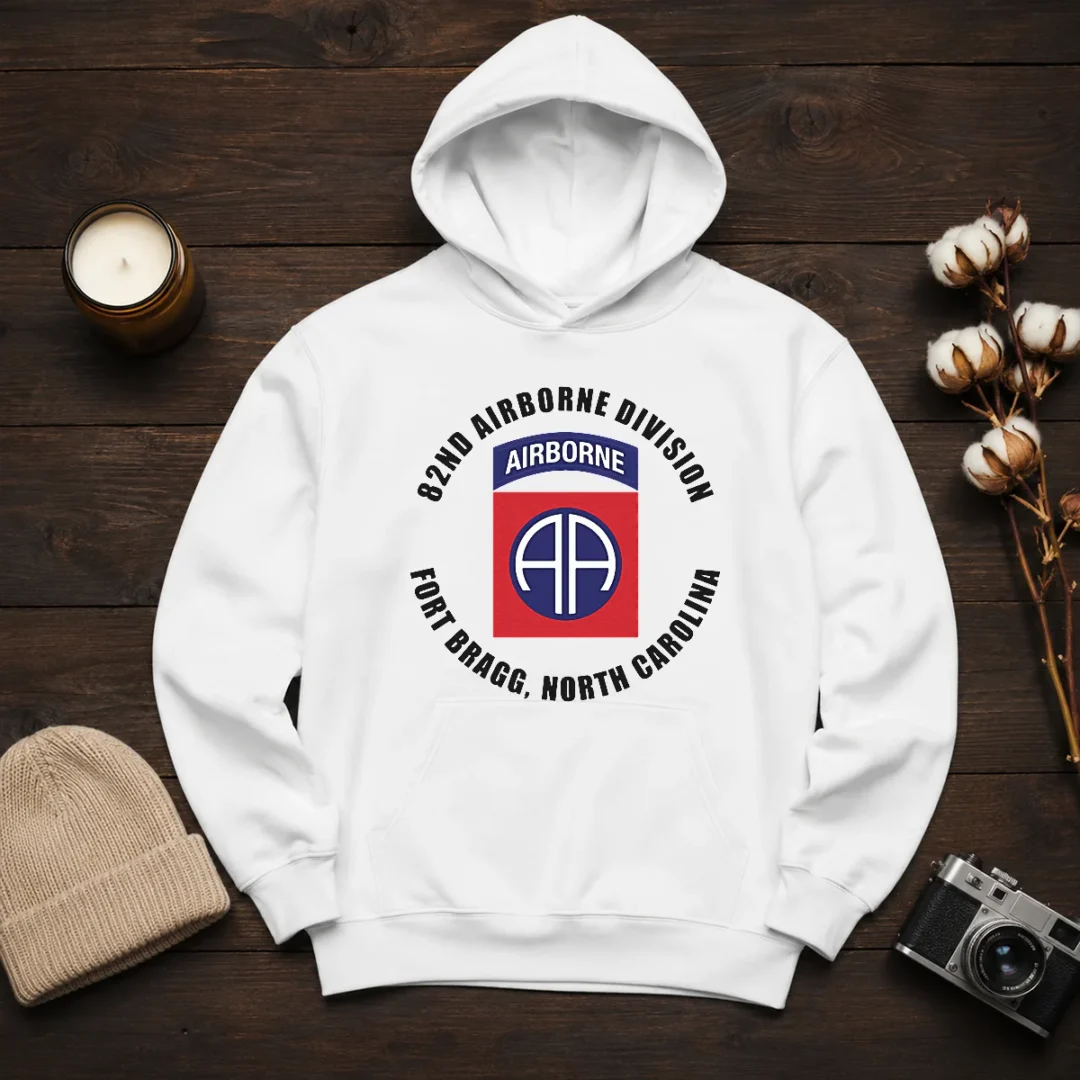 hot-82nd-airborne-division-fort-bragg-military-hoodie Hot 82nd Airborne Division Fort Bragg Military Hoodie in dark color with front logo and drawstring hood