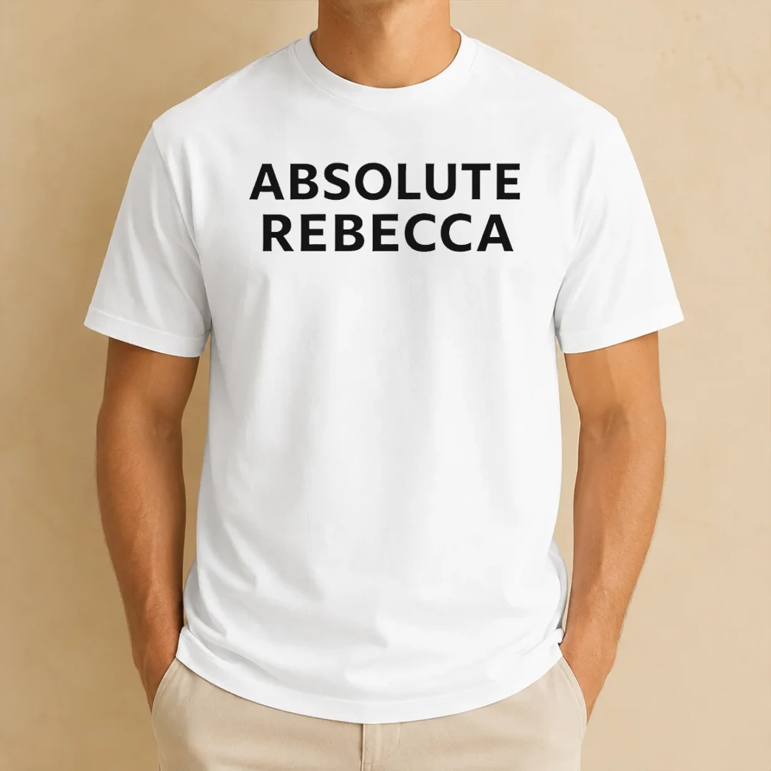hot-absolute-rebecca-name-personalized-t-shirt-1 Hot Absolute Rebecca Name Personalized t shirt in white with custom name print on front, short sleeve cotton tee