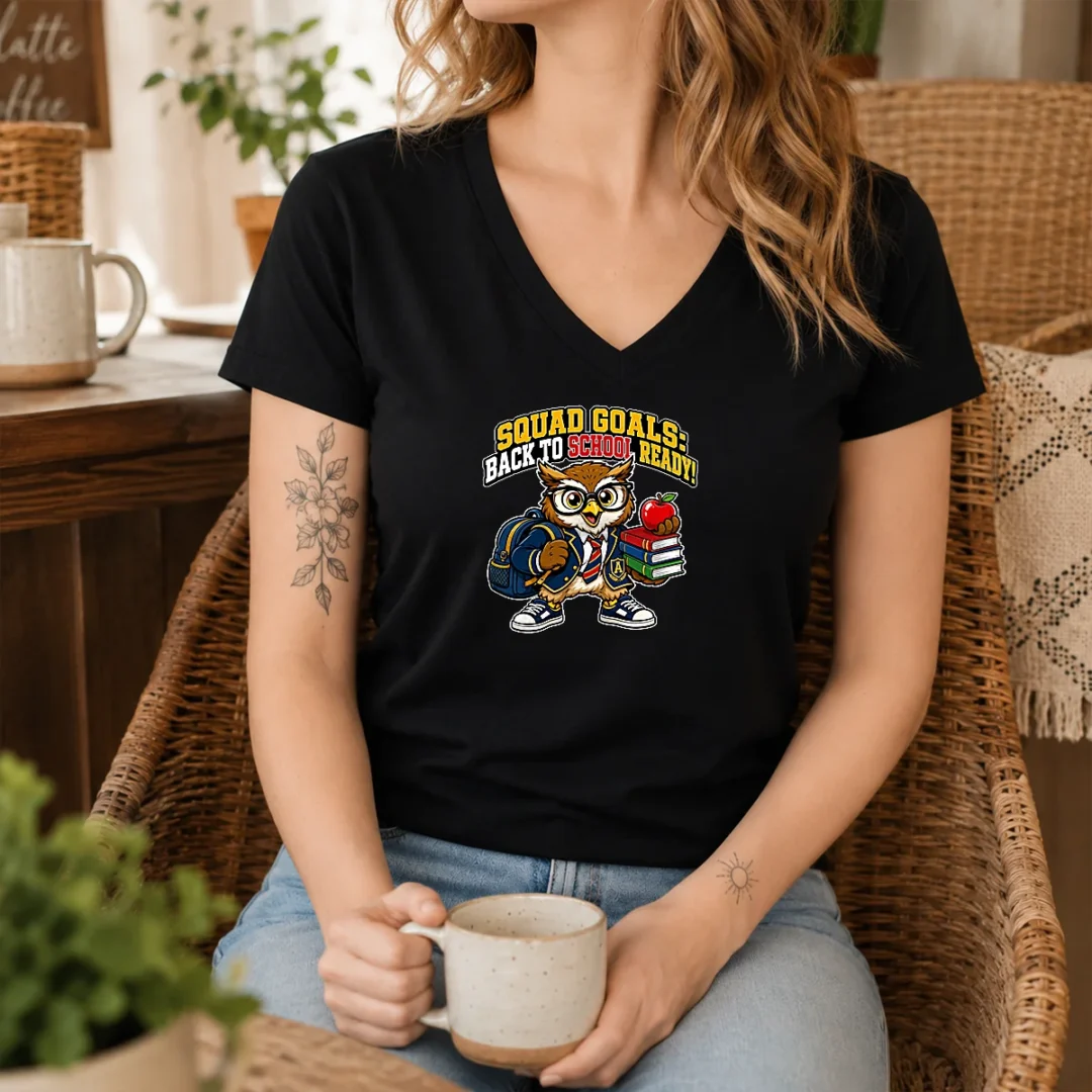 hot-back-to-school-owl-mascot-squad-v-neck Hot Back To School Owl Mascot Squad V Neck Shirt featuring a comfortable fitted v neck style with owl mascot graphic