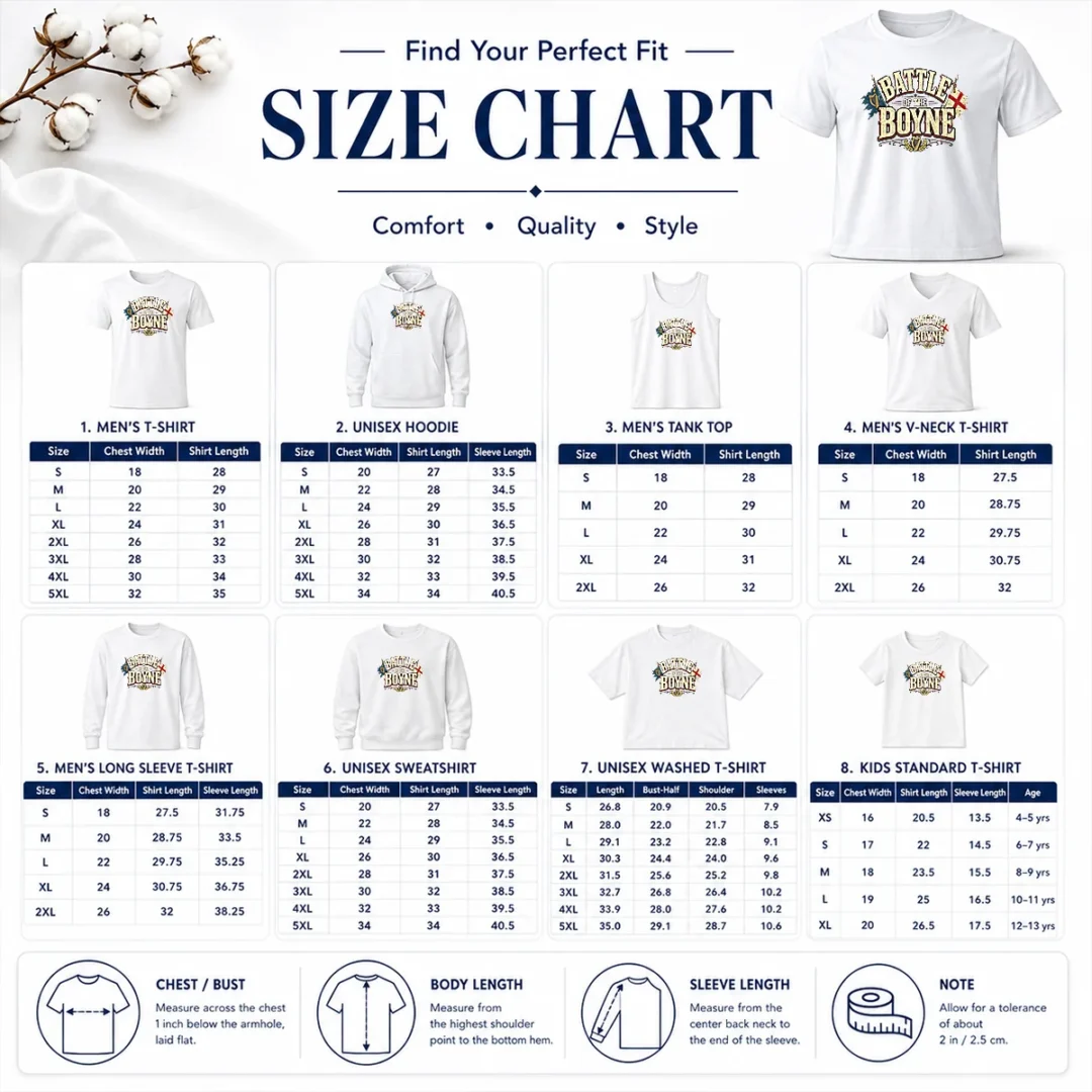 Hot Battle Of The Boyne Pride Retro Distressed Size Chart Size chart for Hot Battle Of The Boyne Pride Retro Distressed with measurements in inches and cm