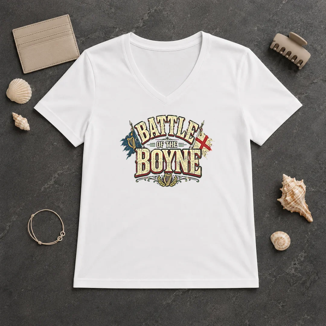 Hot Battle Of The Boyne Pride Retro Distressed V Neck Hot Battle Of The Boyne Pride Retro Distressed V Neck Shirt in vintage style with bold colorful print on soft fabric