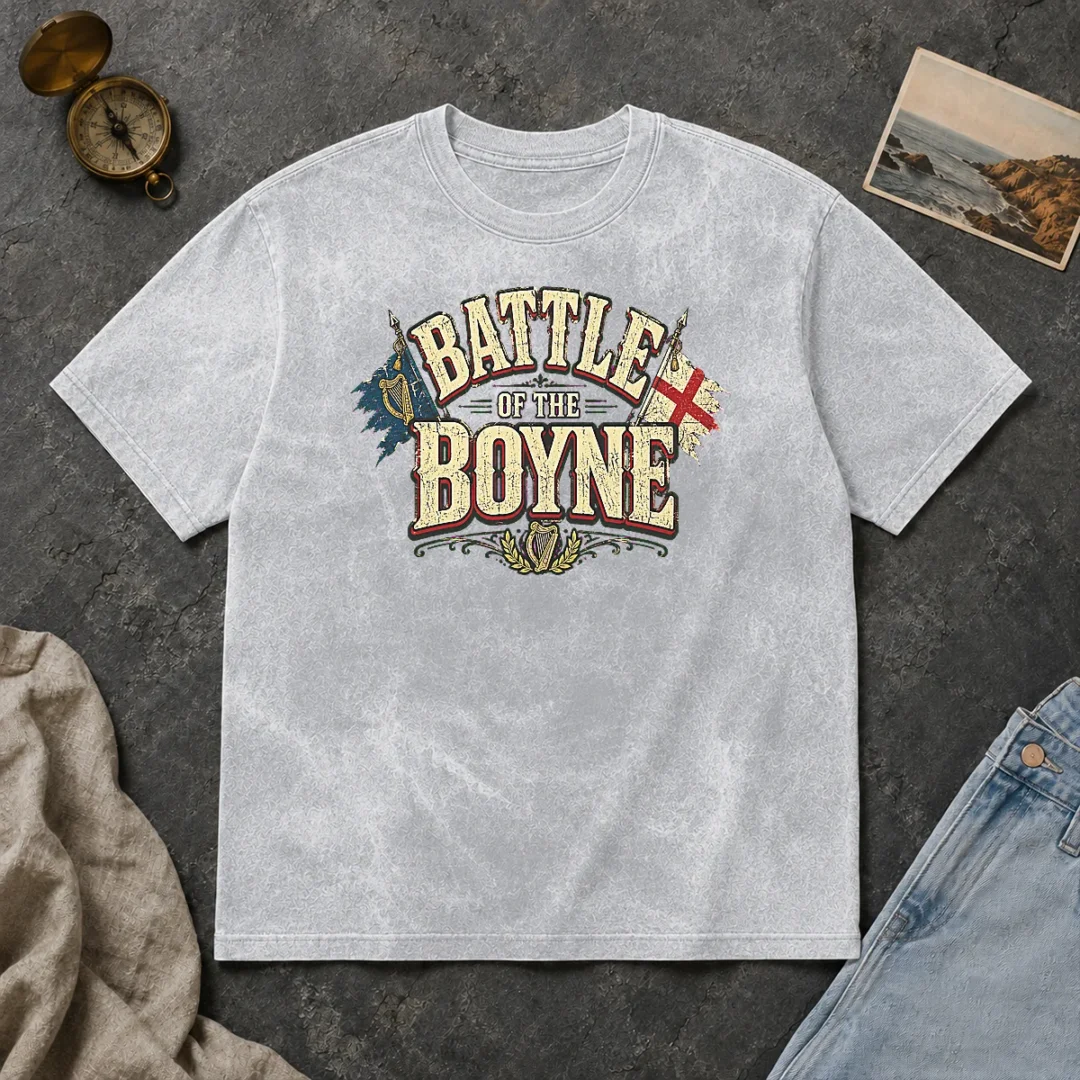 Hot Battle Of The Boyne Pride Retro Distressed Washed T Shirt Hot Battle Of The Boyne Pride Retro Distressed Washed T Shirt showing vintage style on soft, washed cotton fabric