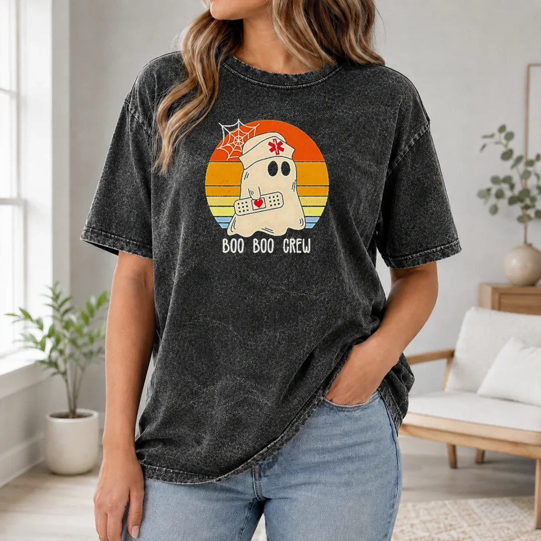 Hot Boo Boo Crew Retro Ghost Nurse Halloween Washed T Shirt Hot Boo Boo Crew Retro Ghost Nurse Halloween Washed T-Shirt