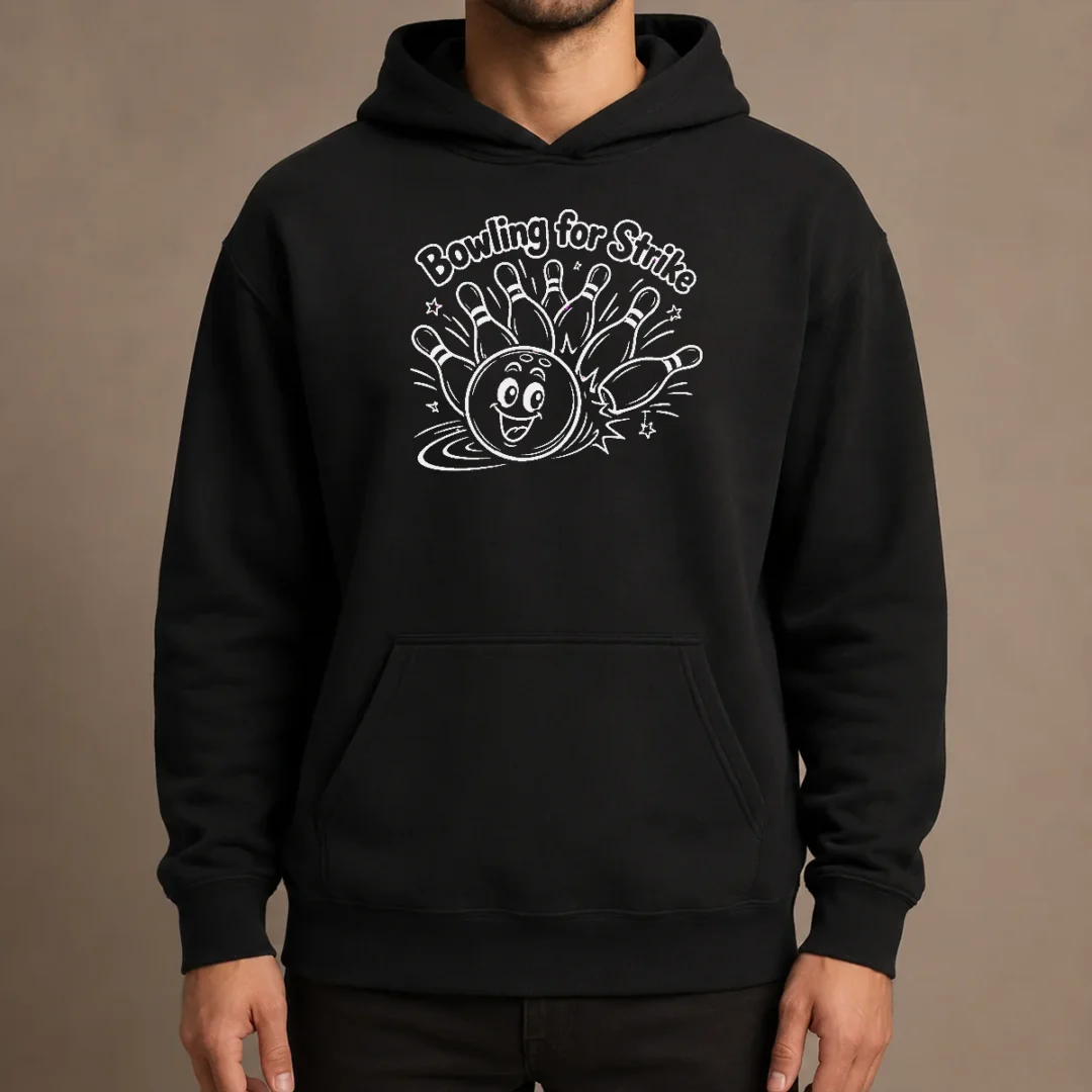 hot-bowling-for-strike-line-art-hoodie Hot Bowling For Strike Line Art Hoodie in black with front graphic print and adjustable drawstring hood