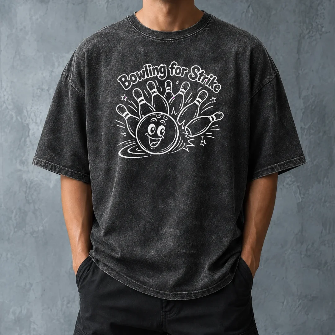 hot-bowling-for-strike-line-art-washed-t-shirt-washed-tshirt Hot Bowling For Strike Line Art Washed T Shirt displayed on a soft washed cotton tee in light grey