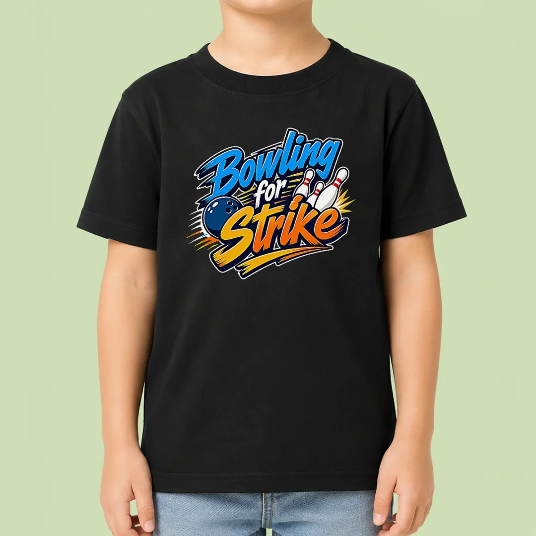 hot-bowling-for-strike-typography-kids-t-shirt Hot Bowling For Strike Typography Kids T Shirt featuring colorful bowling-themed text on a comfortable kids' short sleeve tee
