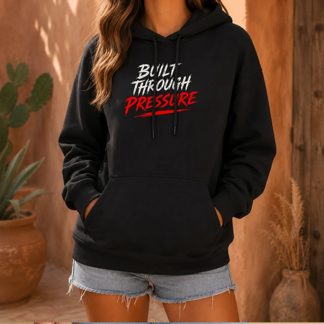 hot-built-through-pressure-hoodie Hot Built Through Pressure Hoodie in black with front pocket and adjustable drawstring hood