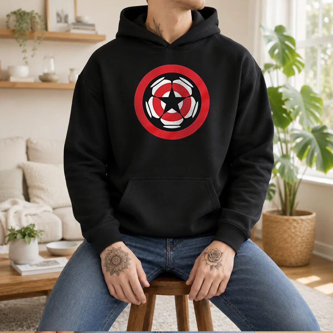 hot-captain-america-marvel-cinematic-universe-uefa-champions-hoodie Hot Captain America Marvel Cinematic Universe UEFA Champions Hoodie in navy blue with front graphic print and adjustable drawstring hood