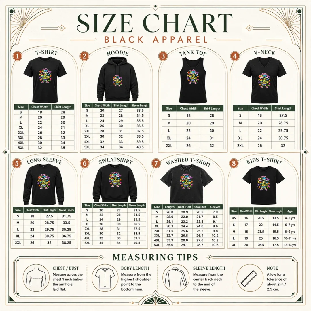 hot-coffs-rainbow-pickleball-squad-kawaii-size-chart Size chart for Hot Coffs Rainbow Pickleball Squad Kawaii showing measurements in inches and centimeters