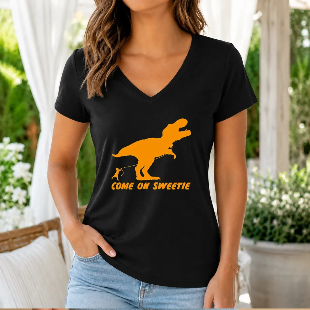 hot-come-on-sweetie-funny-jurassic-geek-v-neck-shirt Hot Come On Sweetie Funny Jurassic Geek V-Neck Shirt