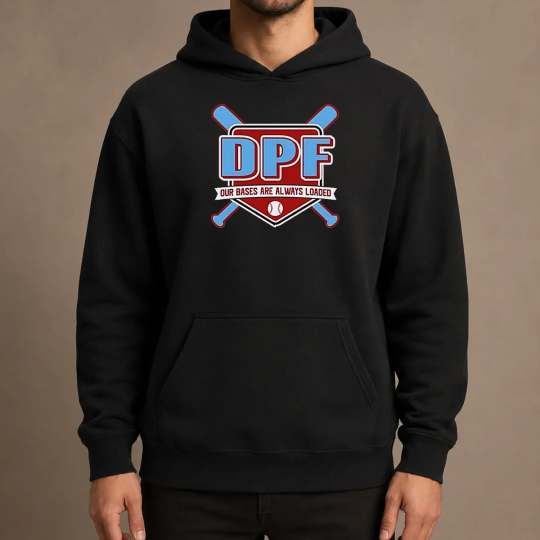 hot-dpf-our-bases-are-always-loaded-baseball-hoodie Hot DPF Our Bases Are Always Loaded Baseball Hoodie in black with front graphic design and drawstring hood