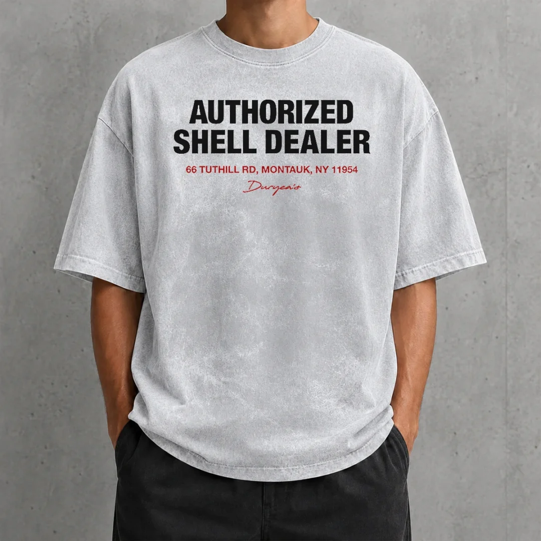 hot-duryea-s-authorized-shell-dealer-sign-66-tuthill-road-montauk-new-york-washed-t-shirt-2 Hot Duryea'S Authorized Shell Dealer Sign 66 Tuthill Road Montauk New York Washed T-Shirt